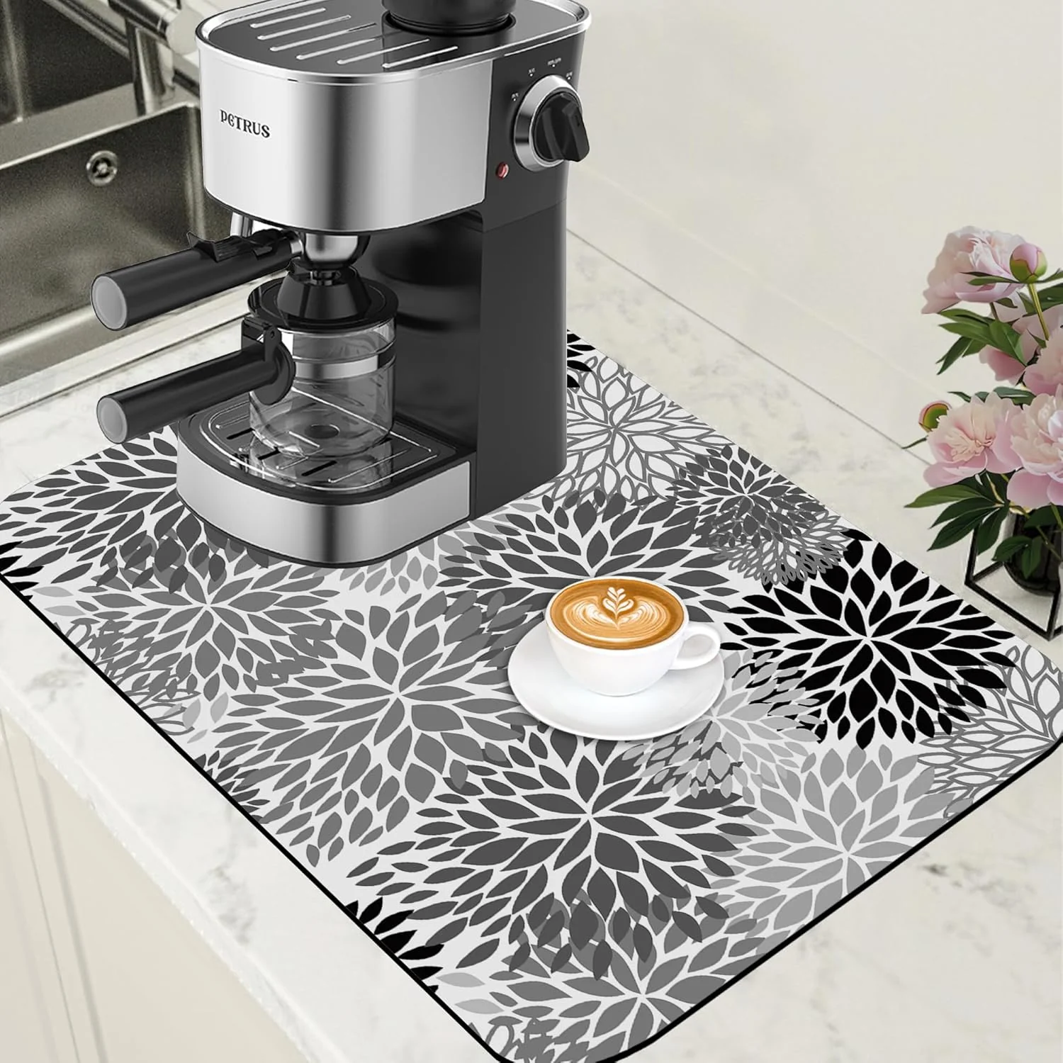 Professional Dish Drying Mat Black and White Chrysanthemum Flower Coffee Bar Absorbent Rubber Backed Hide Stain Dish Drainer Rack Coffee Maker Pot Dining Room Decoration 15.7 x 23.6 Inch Quality