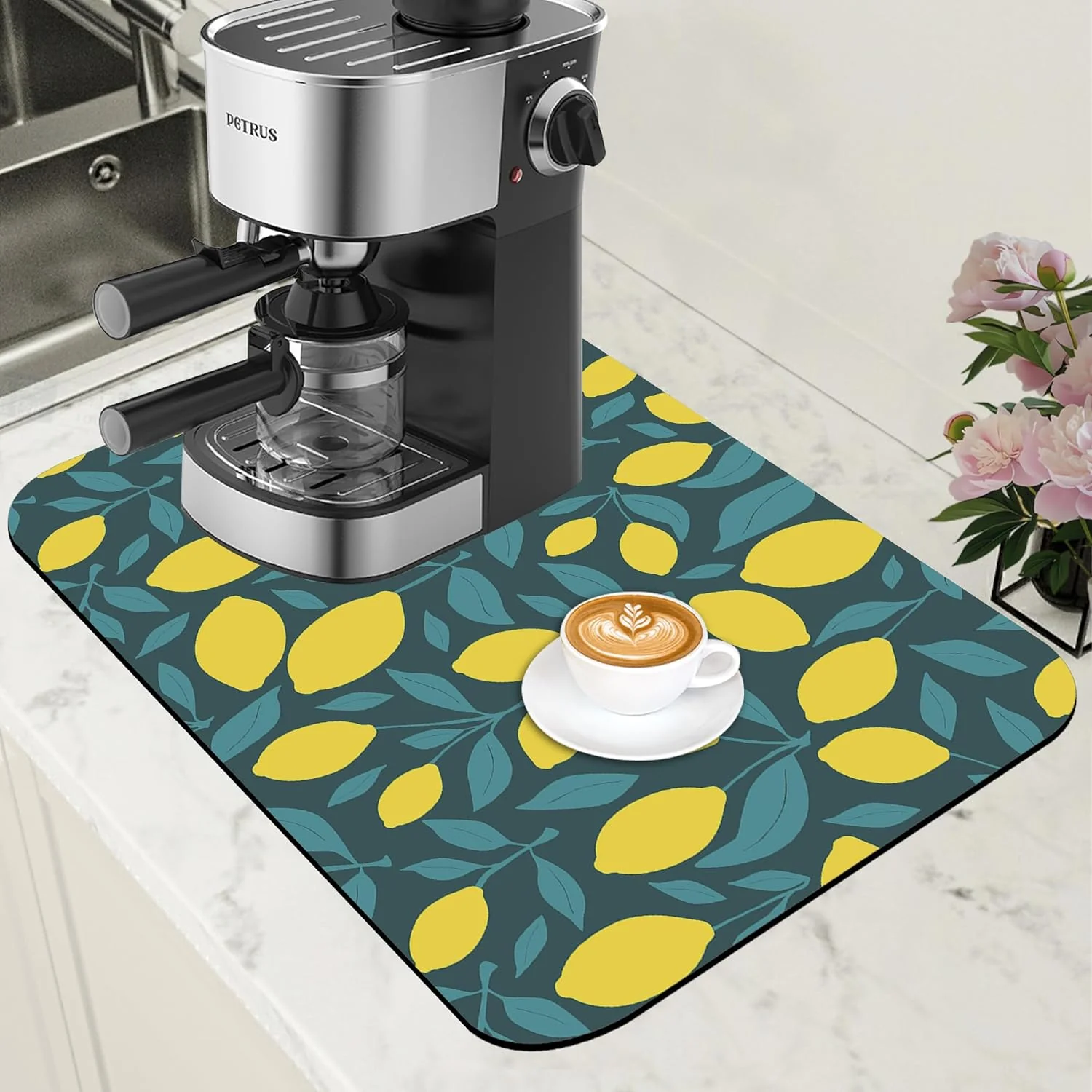 Genuine Yellow Lemon and Leaves Coffee Mat Absorbent Dish Drying Mat for Kitchen Counter Hide Stain Rubber Backed Coffee Bar Accessories Fit Under Espresso Machine Cafe Table 11.8 x 19.7 Inch Next-Generation