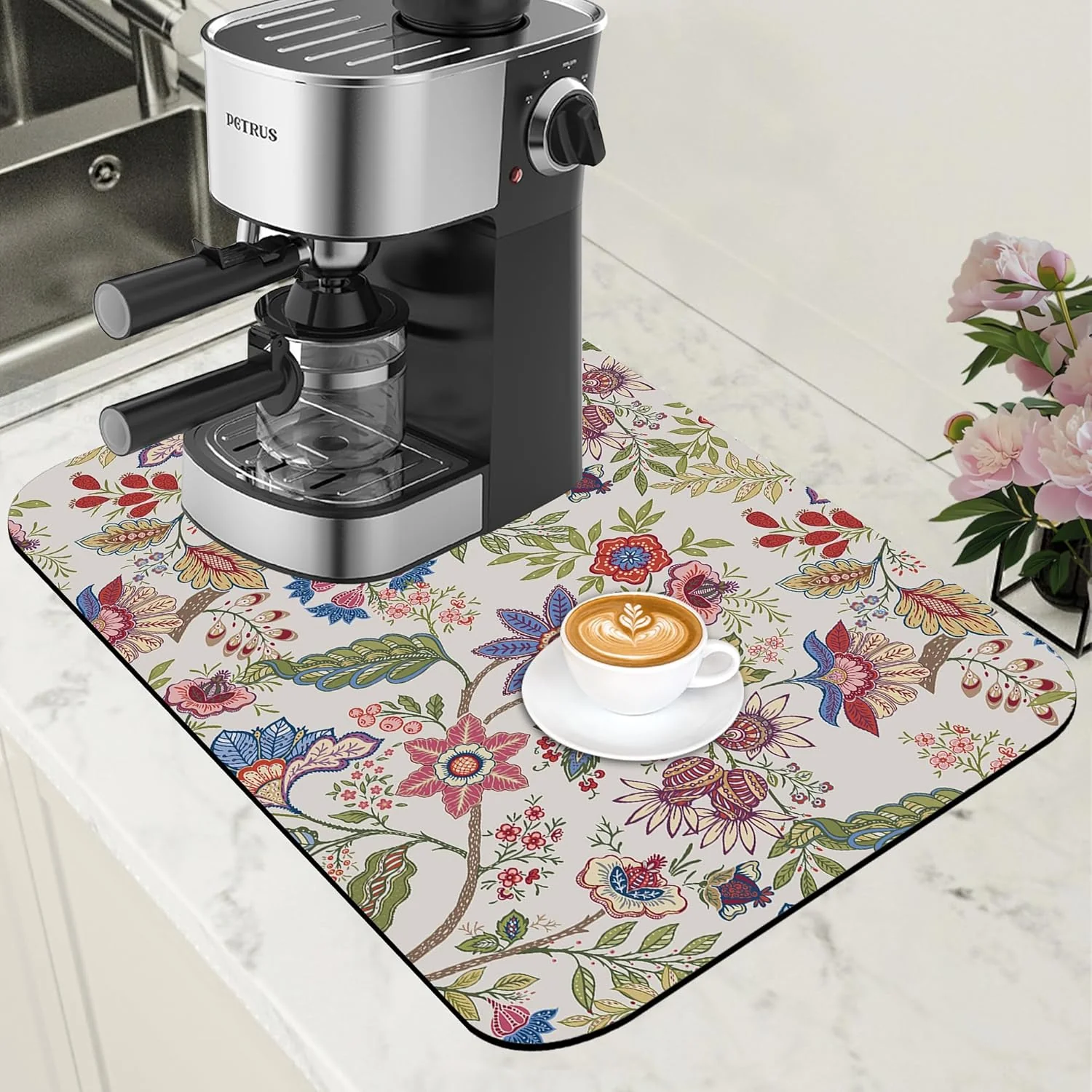 Clean Colorful Flowers Dish Drying Mat for Kitchen Counter Bar Mat Hide Stain Absorbent Rubber Backed Coffee Maker Espresso Machine Bar Accessories 11.8 x 19.7 Inch Versatile