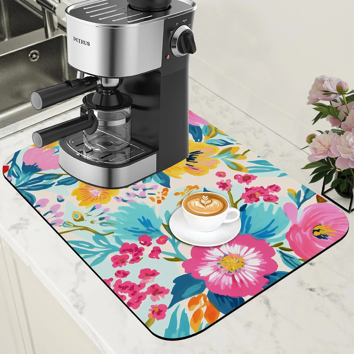 Detailed Watercolor Floral Dish Drying Mat for Kitchen Counter Coffee Bar Mat Hide Stain Absorbent Rubber Backed Coffee Maker Espresso Machine Accessories 11.8 x 19.7 Inch Easy-to-Use