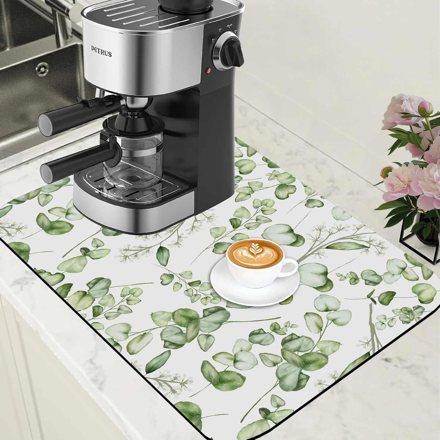 Long-Lasting Eucalyptus Leaves Dish Drying Mat for Kitchen Counter Coffee Mat Hide Stain Absorbent Rubber Backed Drying Rack Pad Espresso Machine Coffee Bar Accessories 15.7 x 23.6 Inch High-Grade
