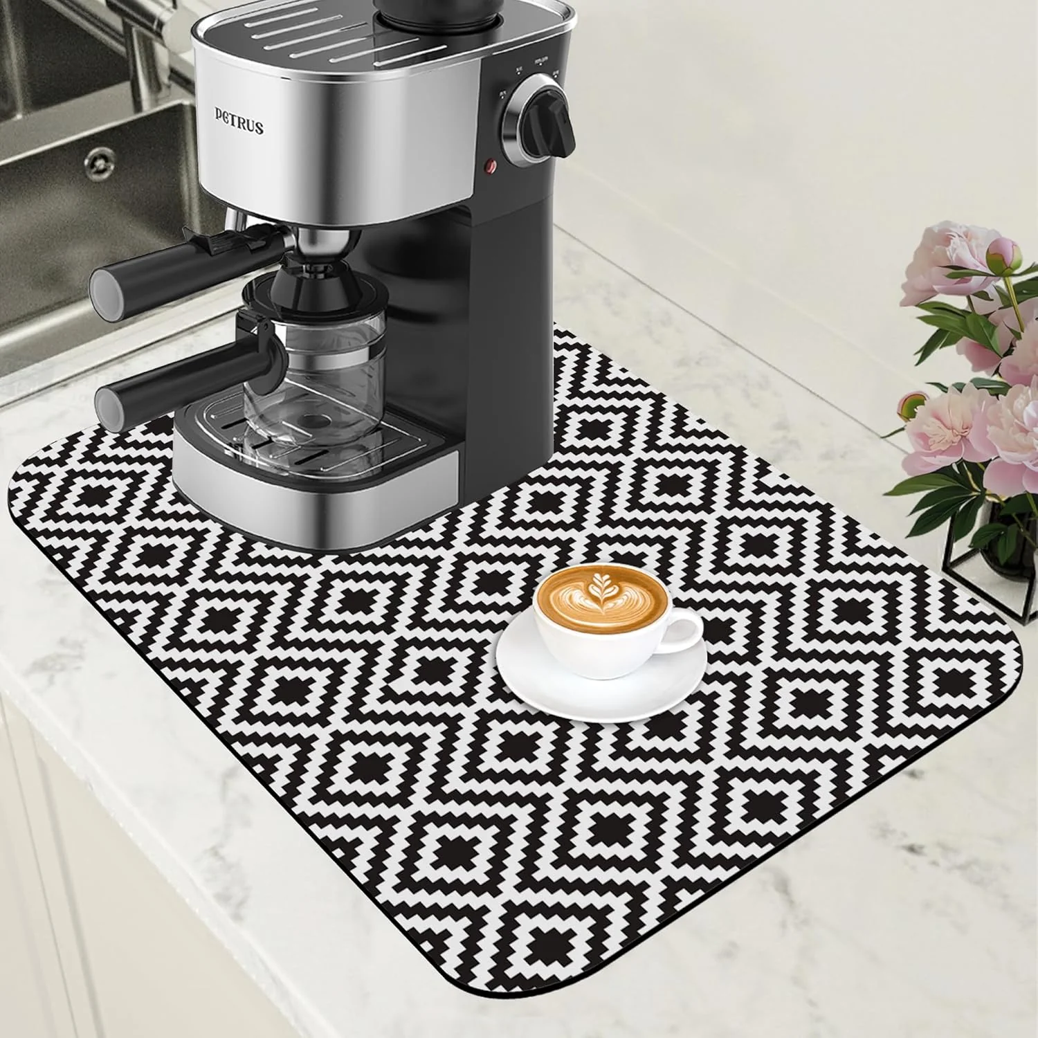 Classic Dish Drying Mat Black and White Geometric Coffee Bar Mat for Countertop Absorbent Rubber Backed Hide Stain Dish Drainer Rack Pad Coffee Maker Espresso Machine Table Accessories 11.8 x 19.7 Inch Functional