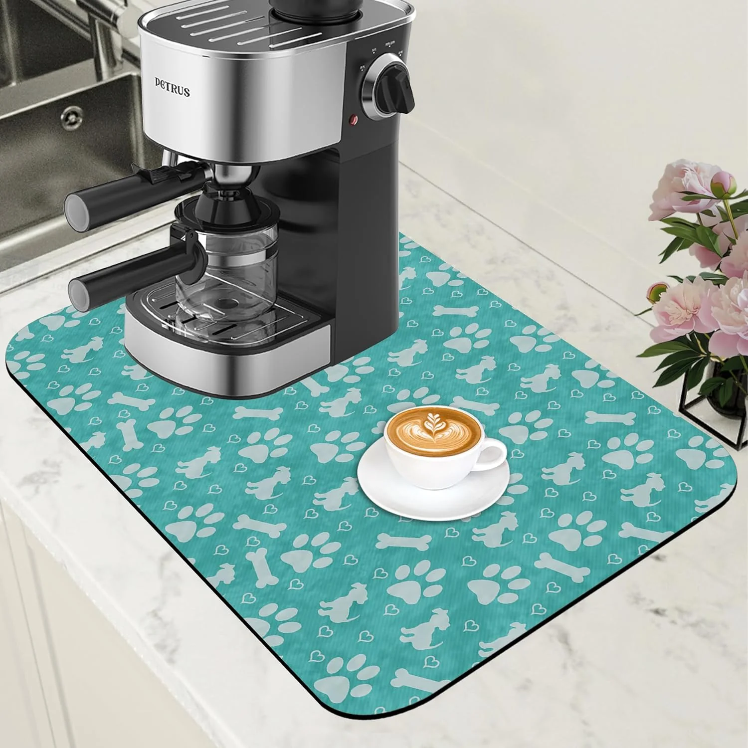Long-Lasting Dish Drying Mat Dog Paws and Bones Coffee Bar Mat for Countertop Absorbent Rubber Backed Hide Stain Dish Drainer Rack Pad Espresso Machine Coffee Pot Dining Room Decoration 11.8 x 19.7 Inch Premium Material