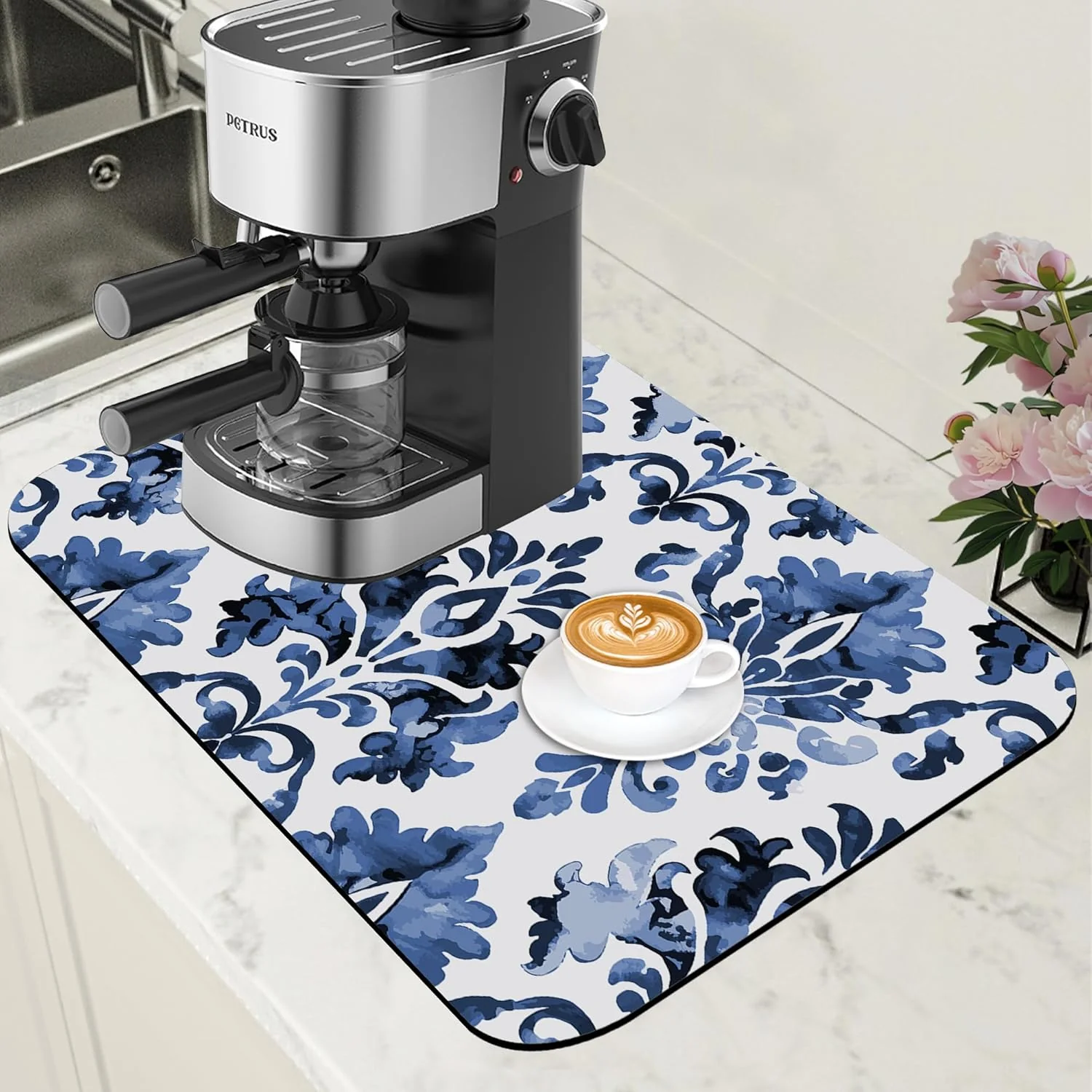 Breathable Blue Damask Flower Dish Drying Mat for Kitchen Counter Bar Mat Hide Stain Absorbent Rubber Backed Coffee Maker Espresso Machine Bar Accessories 11.8 x 19.7 Inch Healthy
