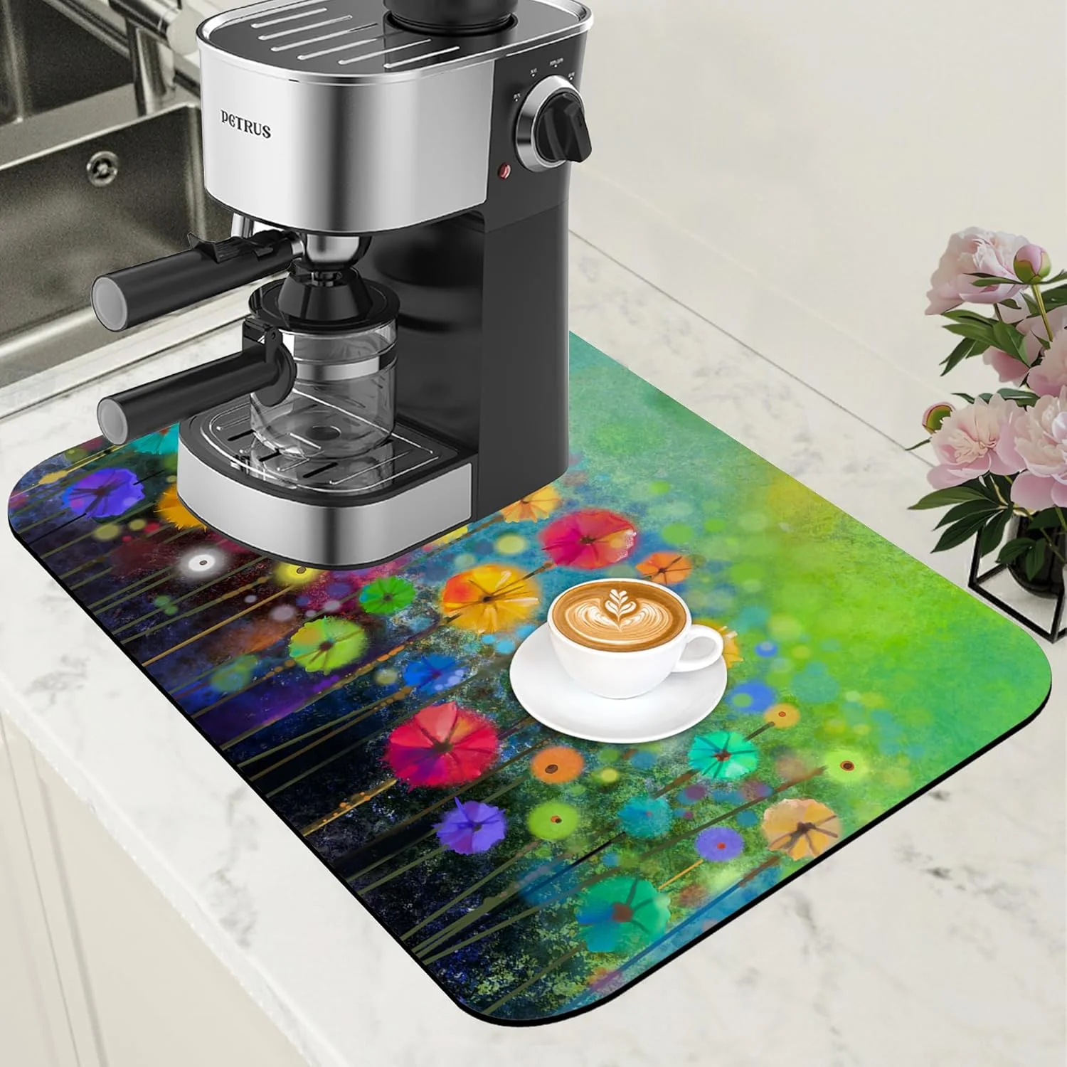 Authentic Dish Drying Mat Watercolor Rainbow Dandelion Coffee Bar Mat for Countertop Absorbent Hide Stain Rubber Backed Dish Drainer Rack Pad Espresso Machine Dining Room Decoration 11.8 x 19.7 Inch Elite