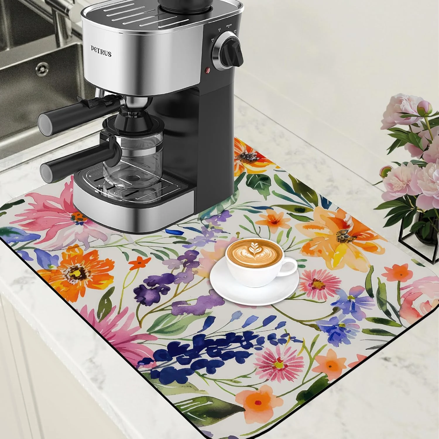 Contemporary Dish Drying Mat Colorful Wildflowers Coffee Bar Mat for Countertop Rubber Backed Absorbent Hide Stain Dish Drainer Rack Pad Espresso Machine Coffee Table Dining Room Decoration 15.7 x 23.6 Inch Convenient