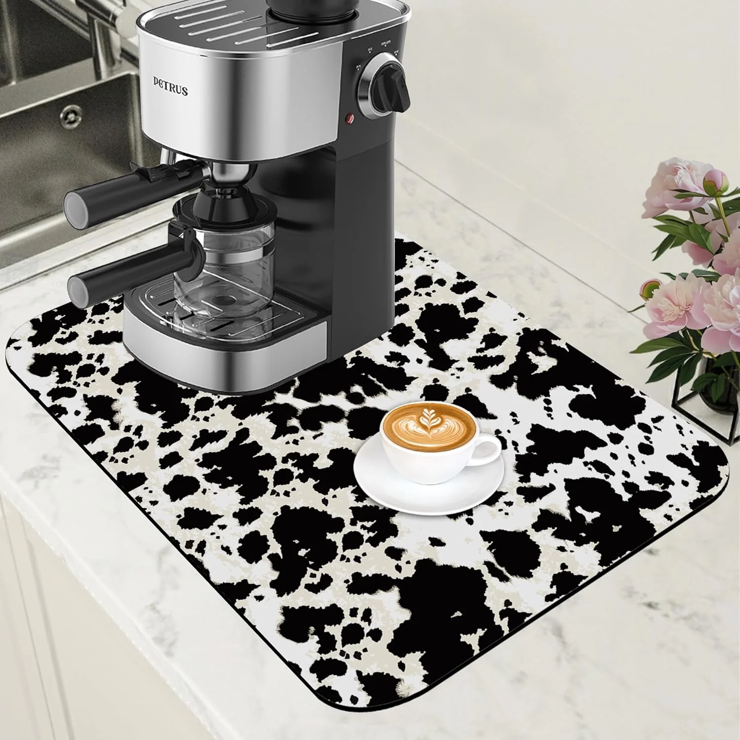 Premium Dish Drying Mat Cow Print Coffee Bar Mat for Countertop Absorbent Hide Stain Rubber Backed Dish Drainer Rack Pad Espresso Machine Dining Room Decoration 11.8 x 19.7 Inch Effective