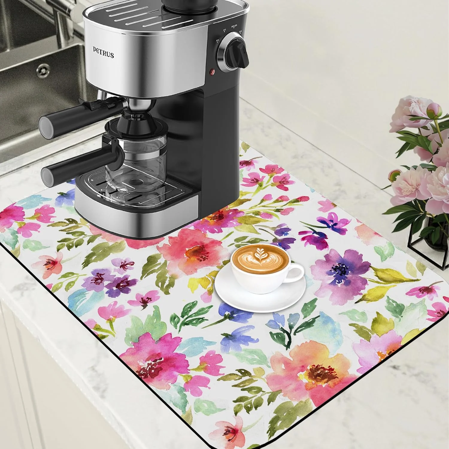Optimized Floral Watercolor Dish Drying Mat Colorful Flowers Coffee Bar Mat for Countertop Hide Stain Rubber Backed Absorbent Dish Drainer Rack Pad Espresso Machine Coffee Pot Dining Room Decor 15.7 x 23.6 Inch Luxury