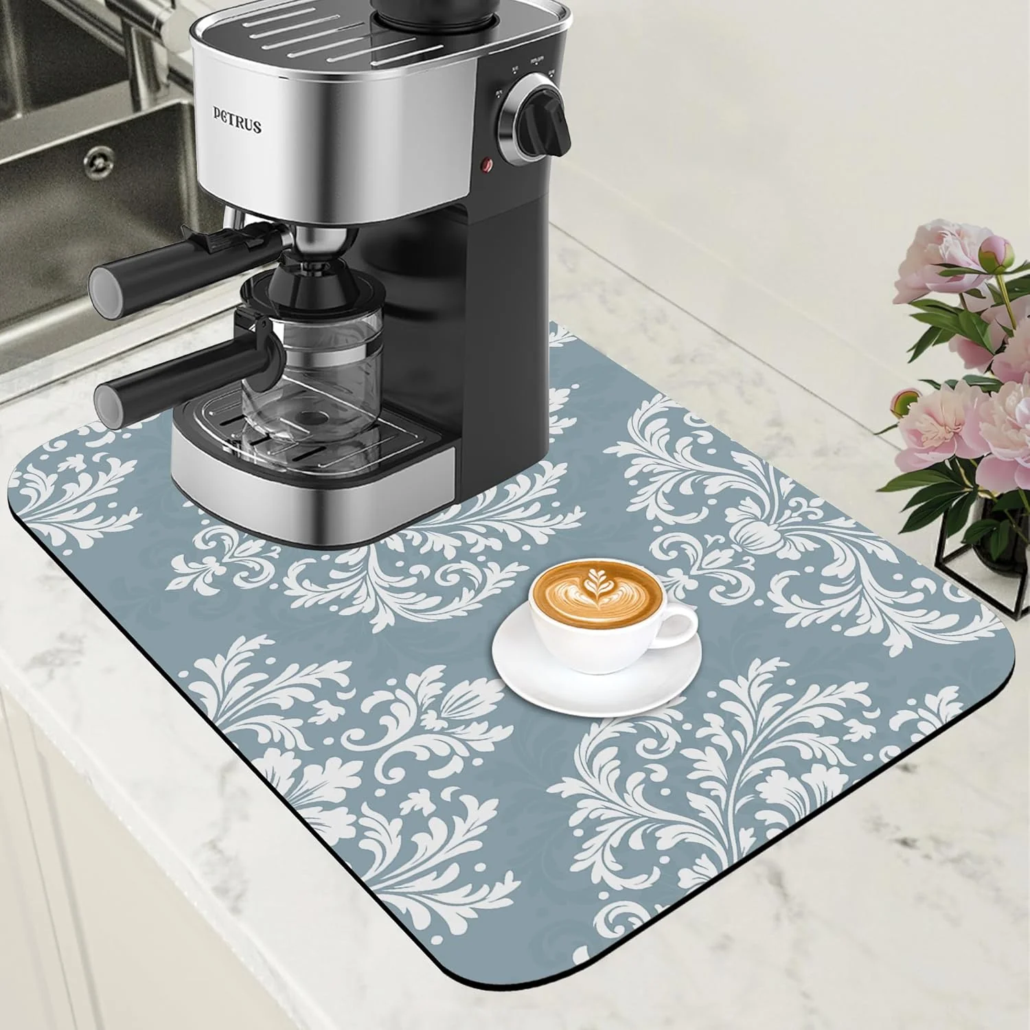 Prestigious Dish Drying Mat Blue Damask Floral Coffee Bar Mat for Countertop Absorbent Rubber Backed Hide Stain Dish Drainer Rack Pad Coffee Maker Espresso Machine Dining Room Decoration 11.8 x 19.7 Inch Advanced