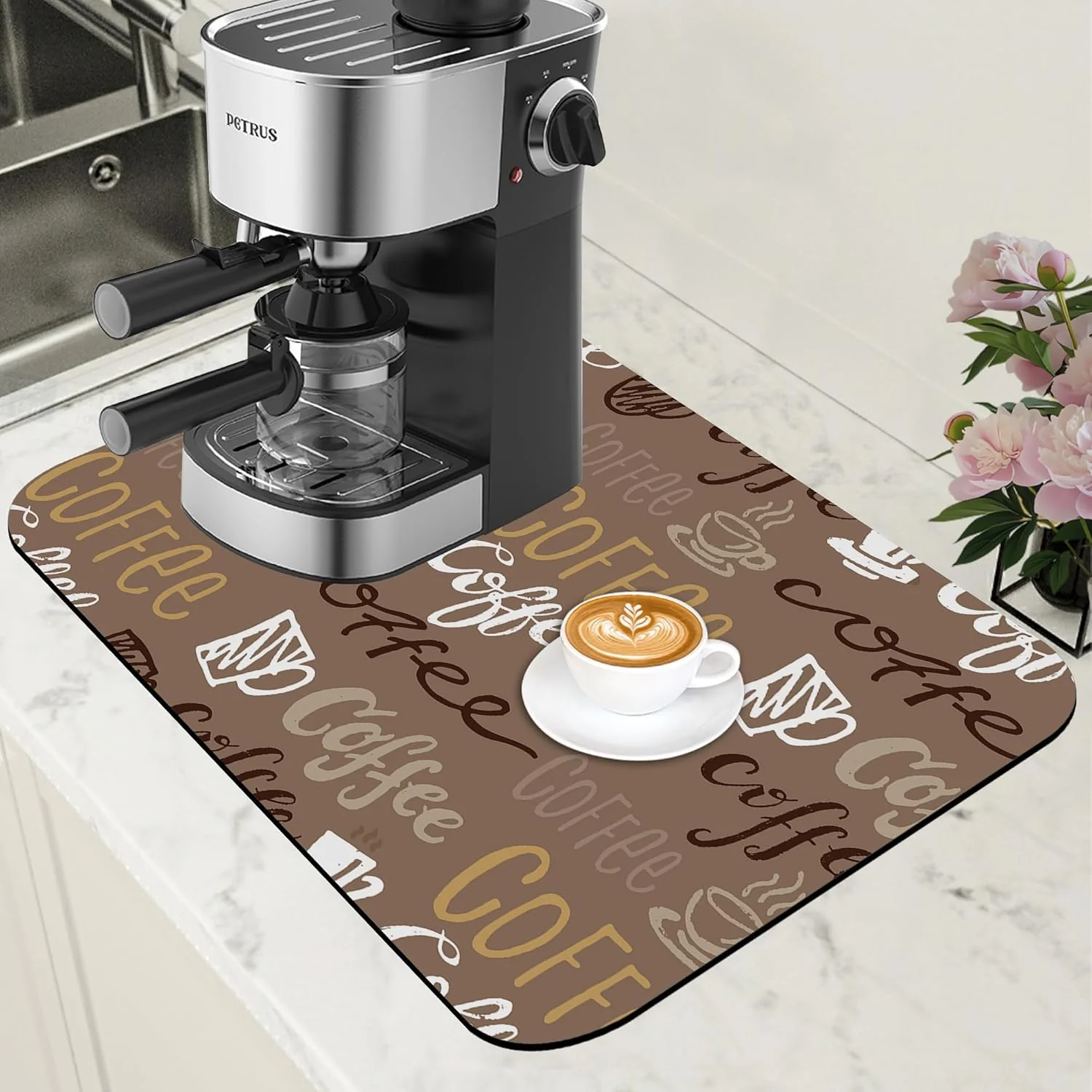 Functional Doodle Coffee Dish Drying Mat Coffee Bar Mat for Countertop Absorbent Rubber Backed Hide Stain Dish Drainer Rack Pad Espresso Machine Cafe Table Dining Room Decoration 11.8 x 19.7 Inch Original Design