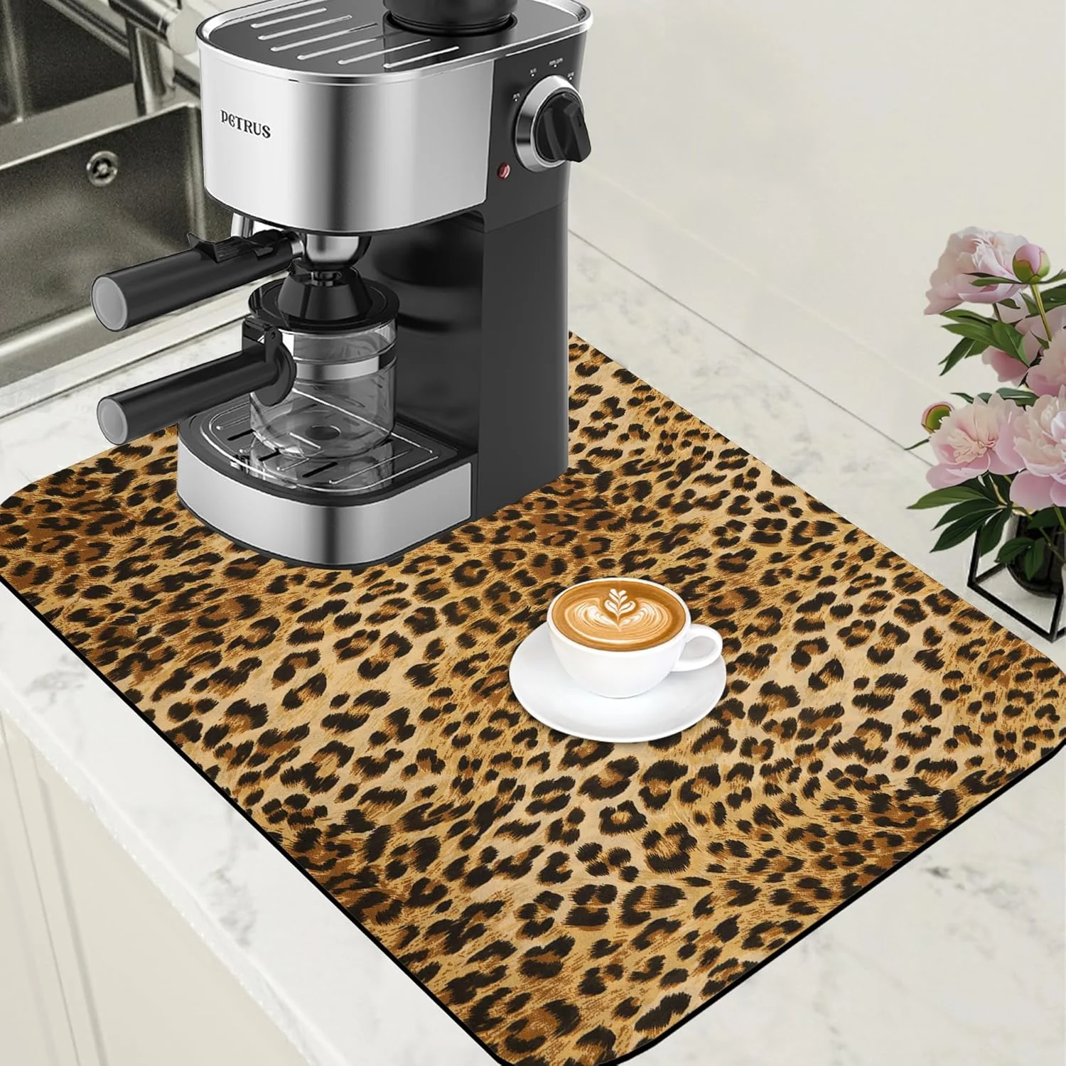 Fine Leopard Print Dish Drying Mat for Kitchen Counter Hide Stain Absorbent Drying Rack Pad Rubber Backed Coffee Mat Espresso Machine Coffee Bar Accessories 15.7 x 23.6 Inch Luxury