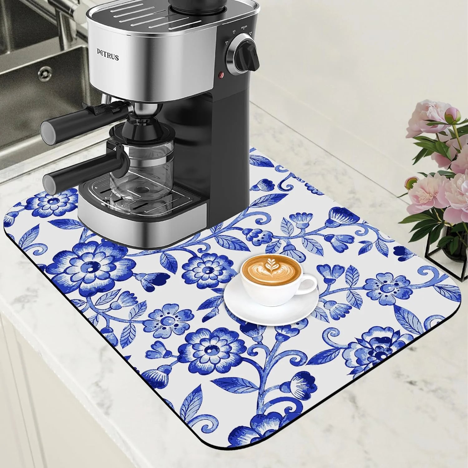 Exceptional Dish Drying Mat Watercolor Blue Flowers Coffee Bar Mat for Countertop Absorbent Rubber Backed Hide Stain Dish Drainer Rack Pad Coffee Maker Espresso Machine Dining Room Decor 11.8 x 19.7 Inch Proven