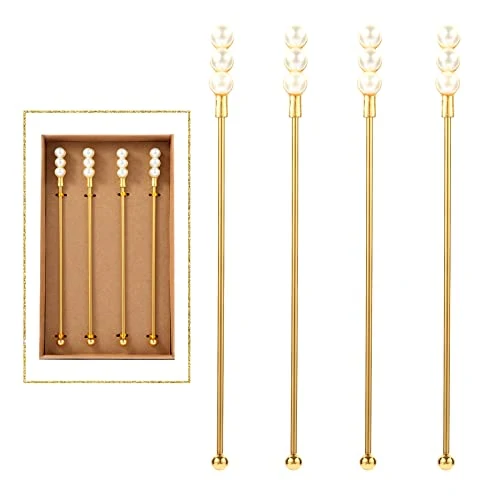 Breathable Exquisite Gold Pearl Stainless Steel Coffee Beverage Stirrers Stir Cocktail Drink Swizzle Stick for Wendding Party Value Pack Authentic