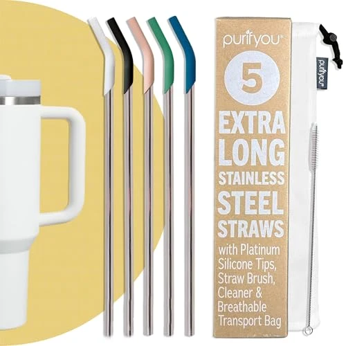 Next-Generation 14.5 Extra Long Stainless Steel Drinking Straws with Silicone Tips 5 Count Superior