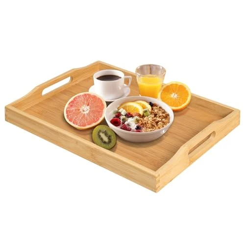 Solid Bamboo Food Serving Tray with Handles High-Grade