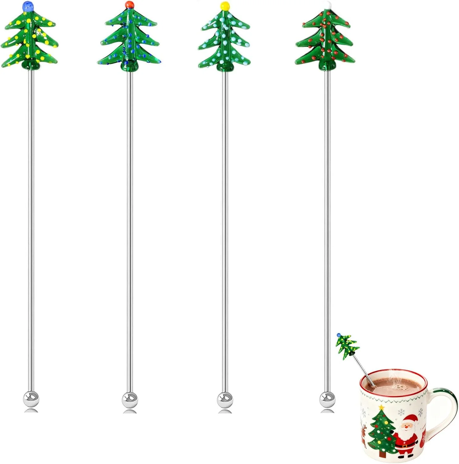 Elite 4Pcs Christmas Cocktail Stirrers Stainless Steel Creative Xmas Tree Coffee Stirrers Reusable Beverage Stir Sticks for Holiday Drinks Mixing Christmas Party Tableware Decorations Long-Lasting