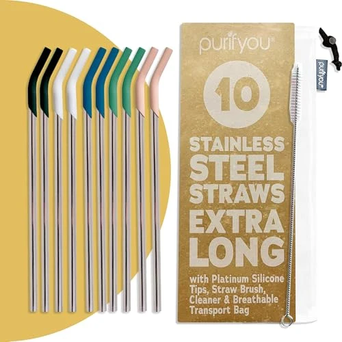 Luxury 14.5 Stainless Steel Straws with Silicone Tips 10 Count High-Grade