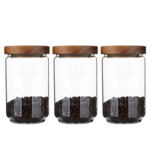 Functional Glass Storage Jars with Wood Lids 25 Oz 3 Count High-End