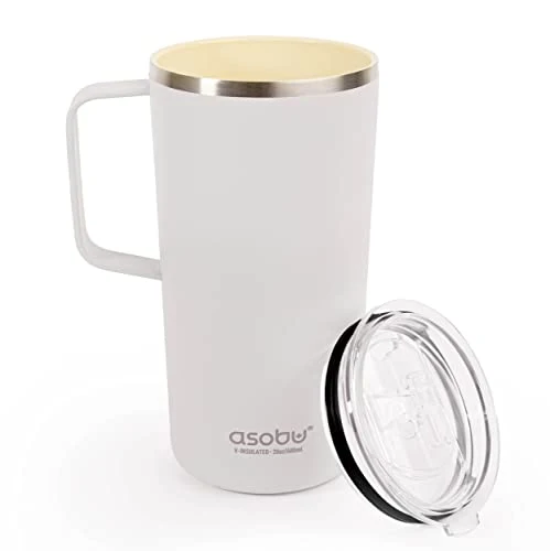 Enhanced Tower Mug Ceramic Inner Coated Insulated Stainless Steel Cup for Pure Tasting Coffee with Easy Hold Handle and Tritan Lid Fits Standard Cup Holders 20 Ounce Travel Mug Eco-Friendly