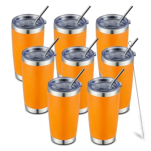 Fast 20oz 8 Pack Tumbler Double Wall Vacuum Insulated Coffee Travel Mug Stainless Steel Tumbler Bulk with Lid and Straw Insulated Coffee Cup for Cold Hot Drinks 8 Count Elegant