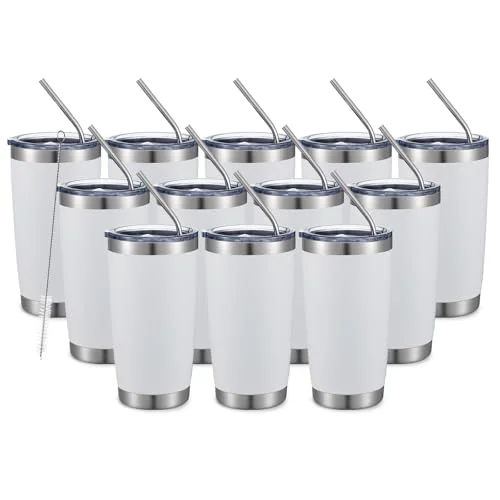 Detailed 20oz White Tumbler Double Wall Vacuum Insulated Travel Mug Stainless Steel Coffee Mug with Lid and Straw Durable Powder Coated Insulated Coffee Cup for Cold Hot Drinks 12 Count Fine Crafted