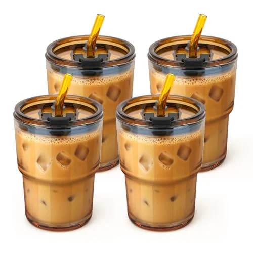 Professional 13 oz Glass Tumbler with Glass Straw and Lid 4 Count Premium Material