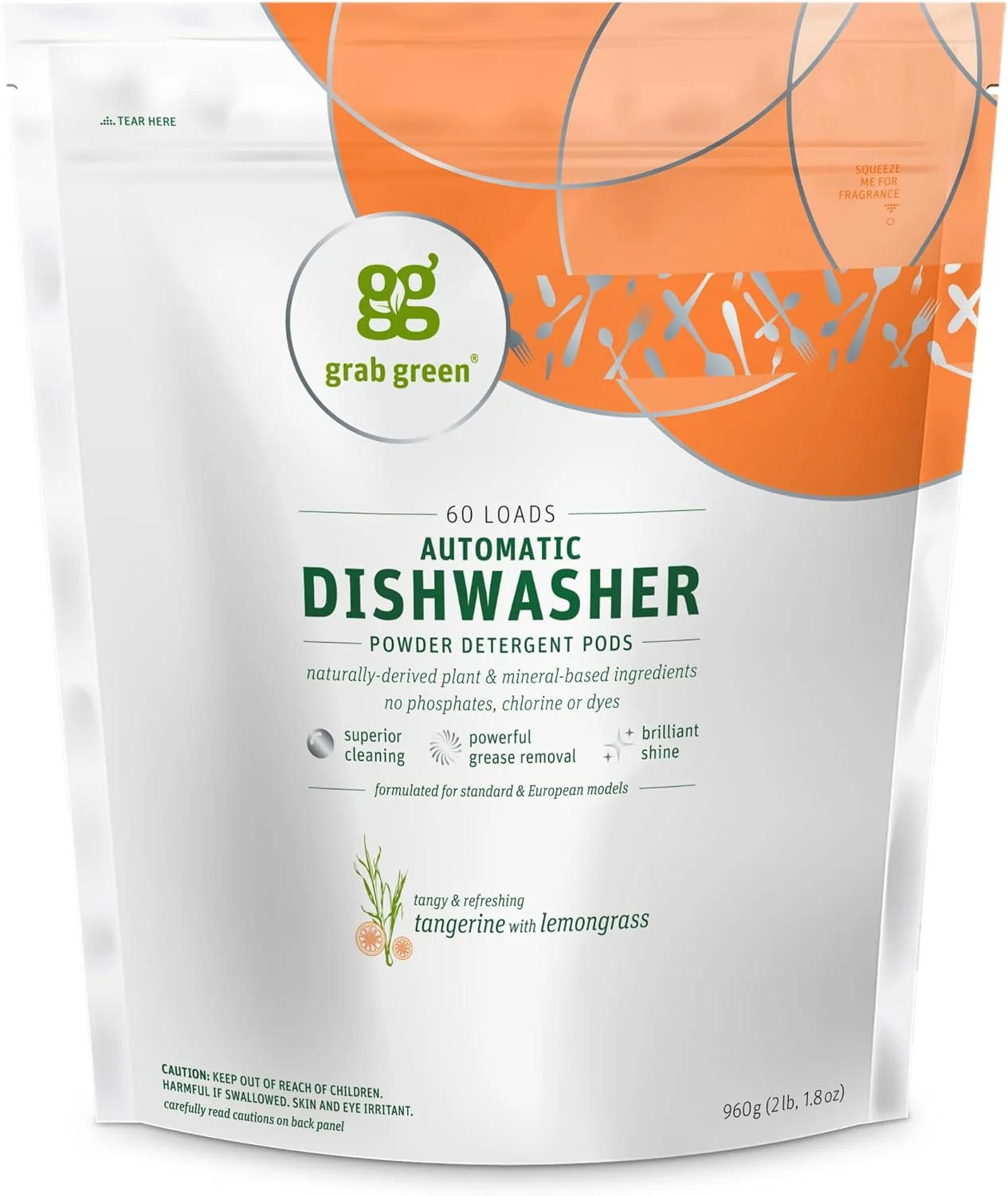 Top-Quality Grab Green Automatic Dishwashing Detergent Pods 60 Count Tangerine Lemongrass Scent Plant and Mineral Based Superior Cleaning Powerful Grease Removal Brilliant Shine World-Class