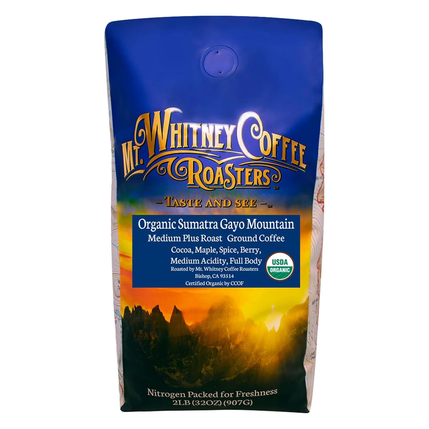 Prestigious Mt. Whitney Organic Gayo Mountain Sumatra Medium Dark Roast Coffee Ground 2 Lb Original Design