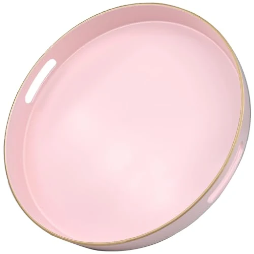 Modern Pink Round Decorative Tray with Handles Crafted
