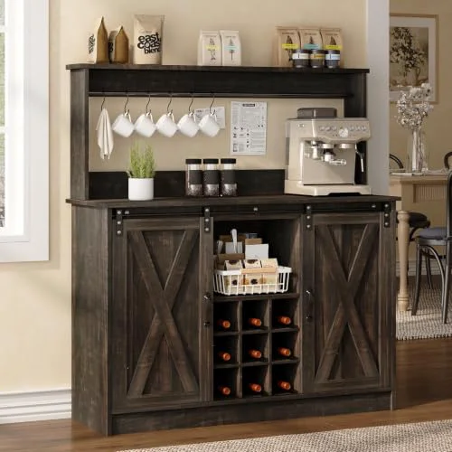 Breathable 47 Coffee Bar Cabinet with Storage Hutch Wine Rack Environmentally Friendly
