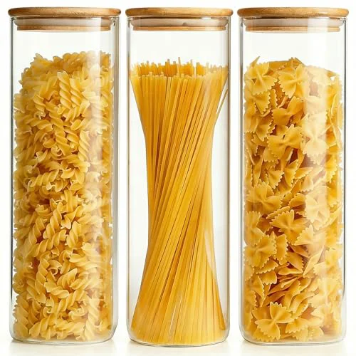 Green 79oz Tall Glass Pasta Storage Containers with Airtight Bamboo Lids 3 Count Elegant