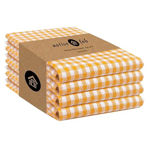 Flexible 4 Pack Yellow Gingham Cotton Dish Towels 16 x26 Detailed