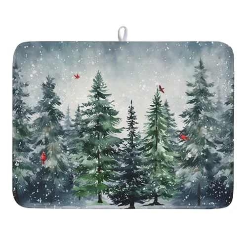 Smooth Winter Dish Drying Mat for Kitchen Counter Winter Pine Tree Dish Drying Mat 18×24 Inch Red Bird Christmas Dish Draining Mat Absorbent Reversible Dish Pad Kitchen Accessories Table Protector Versatile