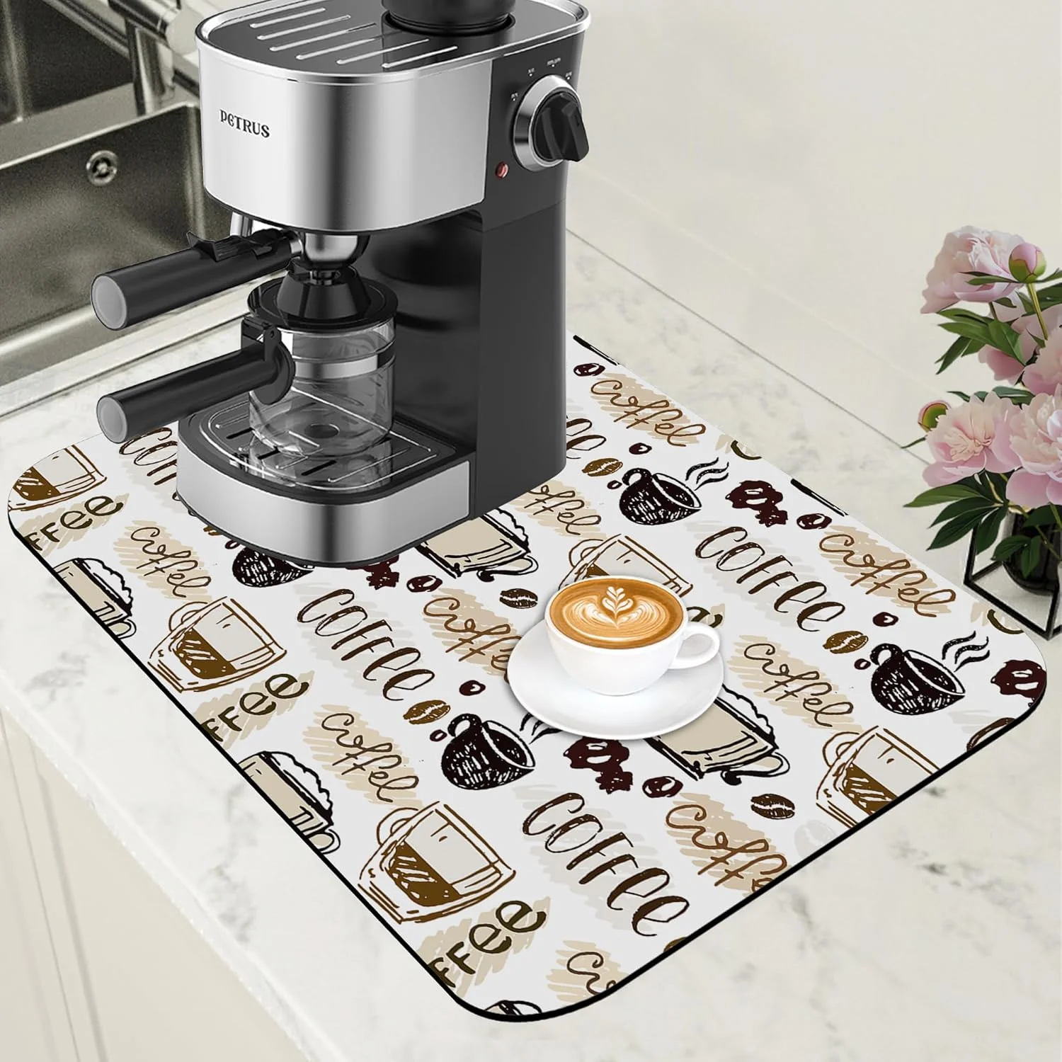 Casual Coffee Cute Doodle Dish Drying Mat for Kitchen Counter Coffee Bar Mat Hide Stain Absorbent Rubber Backed Drying Rack Pad Fit Espresso Machine Table Accessories 11.8 x 19.7 Inch Premium