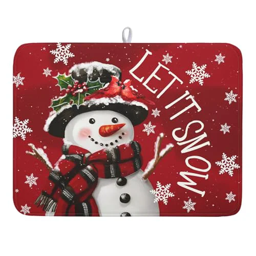 Classic Winter Snowman Dish Drying Mat for Kitchen Counter 18×24 Inch Christmas Dish Draining Mat Xmas Snowflakes Decorations Fast Absorbent Tableware Cardinal Birld Dishes Pad for Coffee Bar Countertop Optimized
