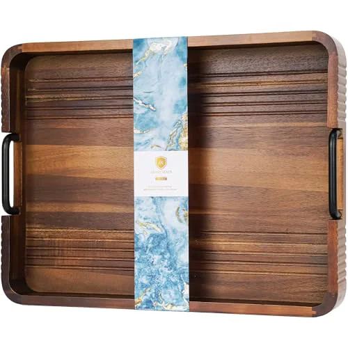 Original Acacia Wood Serving Tray with Metal Handle Optimized