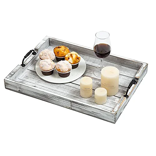 Fashionable Rustic Vintage Big Wood Food Serving Trays with cutout Metal Handles Reliable