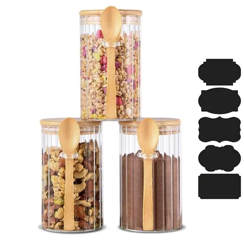 Functional 24 FL OZ Airtight Glass Jars with Bamboo Lids Spoons Coffee Canister Casual
