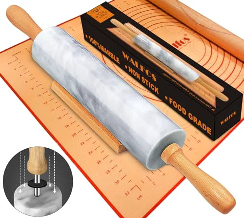 Official Marble Rolling Pin Set With Non Stick Silicone Pastry Mat Lightweight
