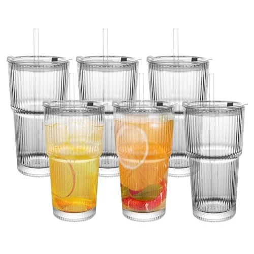 Superior 20oz Ribbed Drinking Glasses with Lids and Glass Straws Breathable