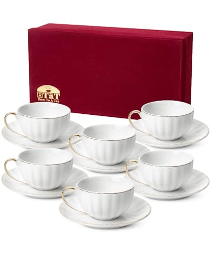 Fine BTaT Cappuccino Cups with Saucers 7 oz with Gift Box High-Quality
