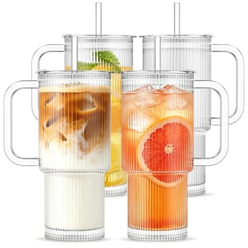 Exceptional 24 oz Ribbed Glass Tumbler with Handle Lid Casual