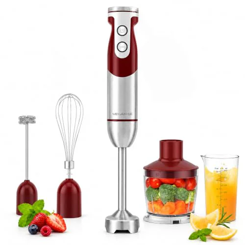 Sustainable 5-in-1 Immersion Hand Blender Set with Variable Speed 400W Stainless Steel – Includes Chopper Whisk Milk Frother and Beaker – I for Soups Smoothies Baby Food More RED Effective