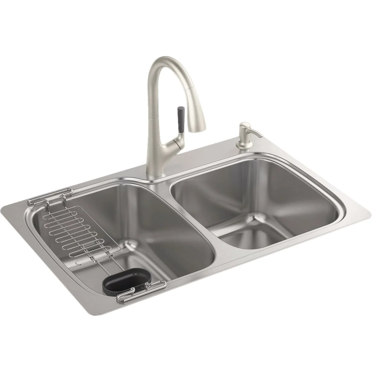 Advanced Kohler All-in-One Double Bowl 33 In. x 22 In. x 9 In. Deep Stainless Steel Kitchen Sink Kit Top Under Mount Easy-to-Use