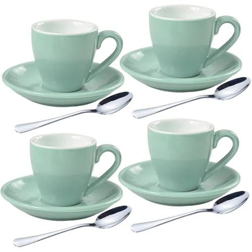 Fast Porcelain Espresso Shot Cup Set with Saucers and Stainless Steel Spoons 4 Count Dependable