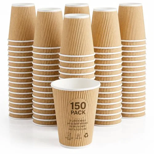 Natural 150 10 oz Ripple Kraft Paper Cups Brown Hot Cold Cups 3 Layer Rippled Small Insulated Disposable Coffee Cups for Cappuccino Hot Cocoa or Iced Drinks 150 Count Stylish