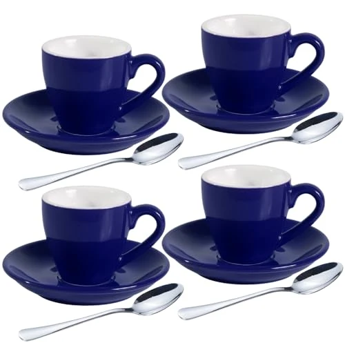 High-Performance Porcelain Espresso Shot Cup Set with Saucers and Stainless Steel Spoons 4 Count Unique