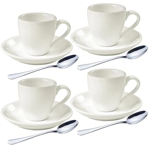 Trendy Porcelain Espresso Shot Cup Set with Saucers and Stainless Steel Spoons 4 Count Elegant