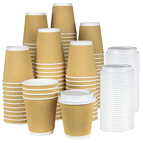 Solid 100 8 oz Ripple Kraft Paper Cups Brown Hot Cold with Lids 3 Layer Rippled Small Insulated Disposable Coffee Cups for Cappuccino Hot Cocoa or Iced Drinks 100 Count Prestigious