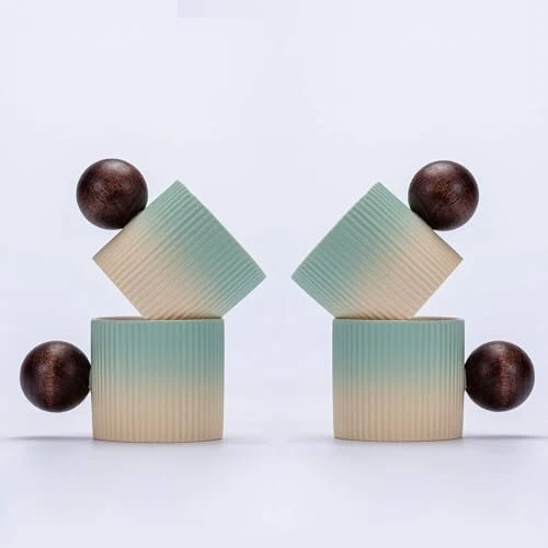 Recyclable Ceramic Mini Espresso Cups Demitasse Cups with Round Wooden Handle Vertical Stripes Tea Cups 4 Count Authentic